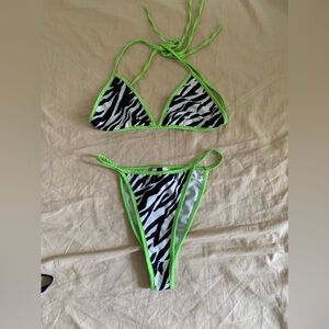 Neon green zebra animal print bikini set